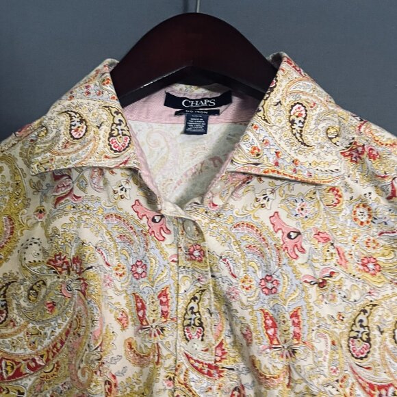 Chaps Tan Paisley Button Down Blouse Large - Picture 2 of 6